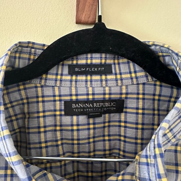 Banana Republic Slim Flex Fit Tech Stretch Cotton Blue Checker Shirt - Picture 2 of 3